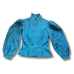 Victorian Gingham Puff Sleeve Prarie Cottagecore Top • High Neck Ruffle Collar